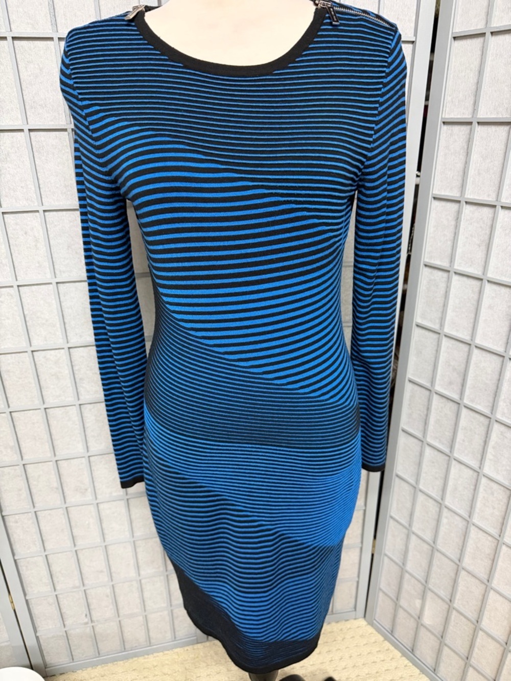 Michael Kors Blue and Black Striped Long Sleeve Bodycon Dress